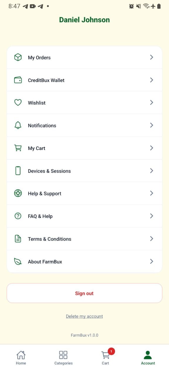 Account. Orders, wishlist, wallet, and a device and session list so a customer can see where their account is signed in.