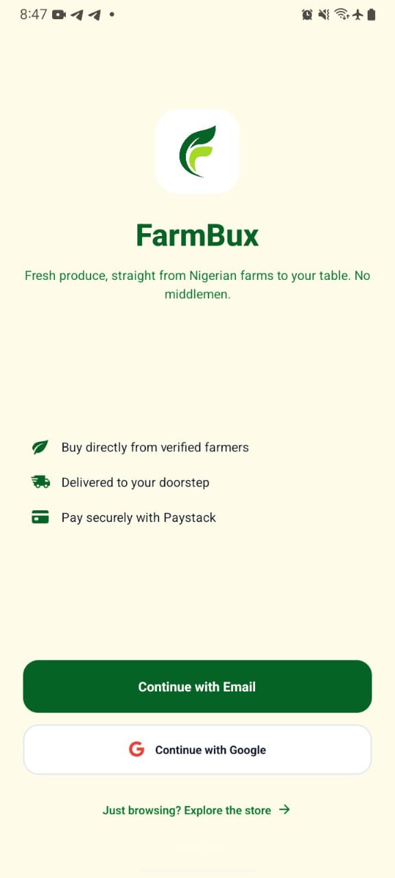 Onboarding. The proposition is the whole thesis — buy direct from verified farmers, no middlemen — with a guest browsing path so the store is never behind a signup wall.