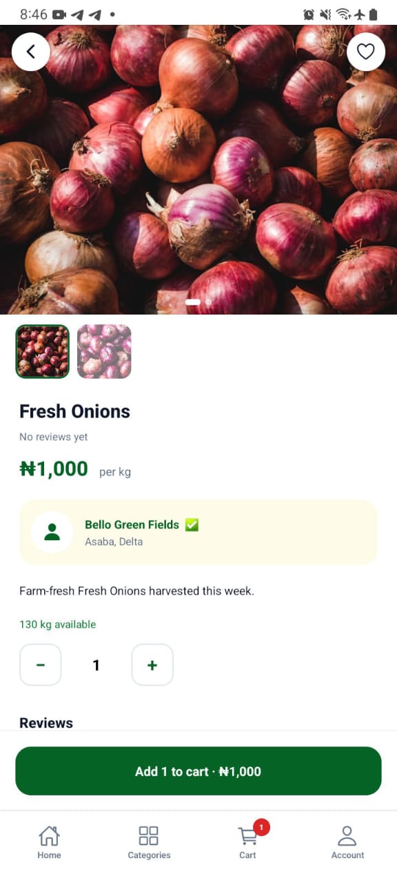Product detail. Price per kg in Naira, live stock, and the selling farm named and located — Bello Green Fields, Asaba.