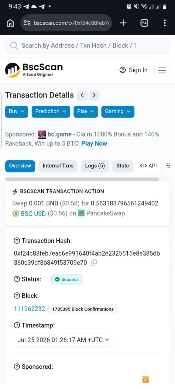 The same swap confirmed on-chain. A wallet is only credible if its transactions are independently verifiable.