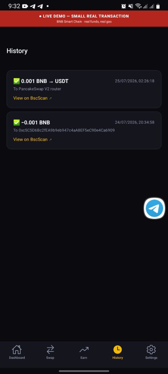 History. Every transaction links out to BscScan, so nothing has to be taken on the app's word.