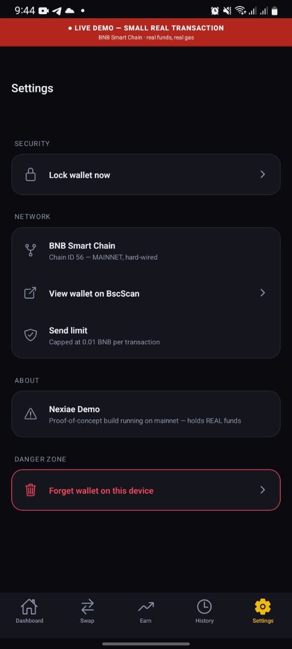 Settings. The chain is hard-wired to mainnet rather than switchable, and the per-transaction ceiling is stated rather than buried.
